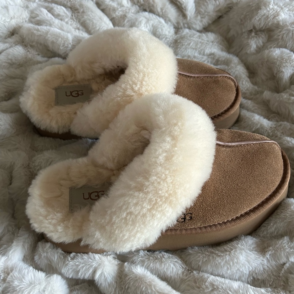 UGG Chestnut Suede Slippers with Cream Shearling Collar